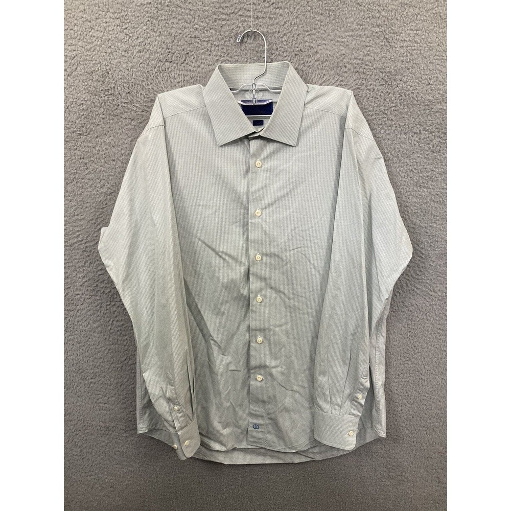 David Donahue Shirt Mens 16.5 White Yellow Blue Plaid Trim Dress Long Sleeve